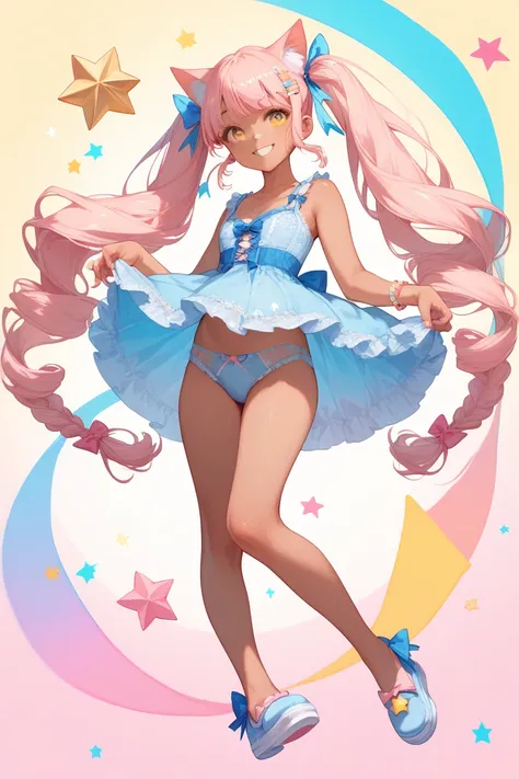 Anime Cat Girl, tanned skin, long light pink and light hair, pigtails, ribbons, star shaped hair clips, yellow eyes, smile, big boobs, kawaii light blue lingerie, full body, pastel background 