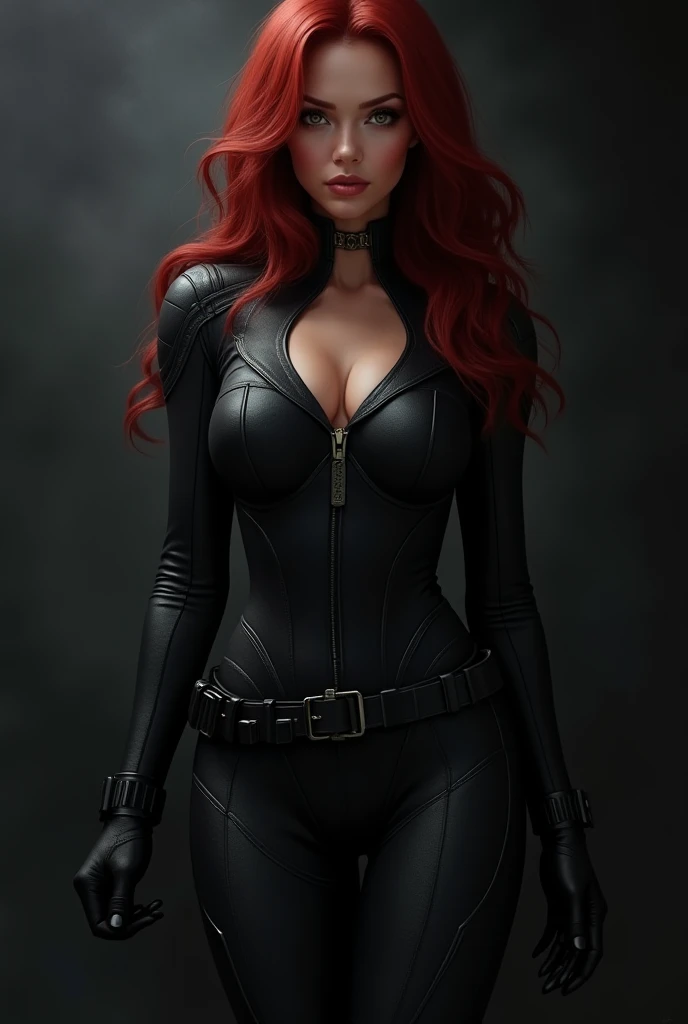 Black Widow in a skin-tight suit with prominent nipples