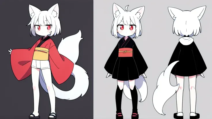 ((Best masterpiece, Perfect quality, Ultra detailed)), A fox girl with skinny body, With silver short hair, White big fox ears, Single hairy tail, Pale skin, Glowing red eyes, Wound on her cheek, Putting on a black kimono, Long length, Black cloth, Standin...