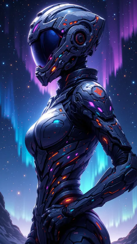 Impressive Tali'Zorah Artwork，An Independent Female Character Rendered in HD，Wearing Iconic Helmet，No Visible Face，in a Side Waist Pose Against a Fascinating Space Background Full of Stars and Auroras。