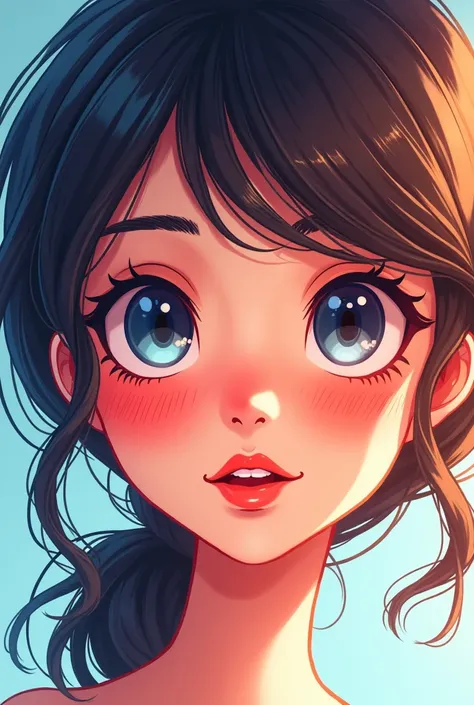 Cartoon of a beautiful girl with two eyes. Red, white, blue on the left