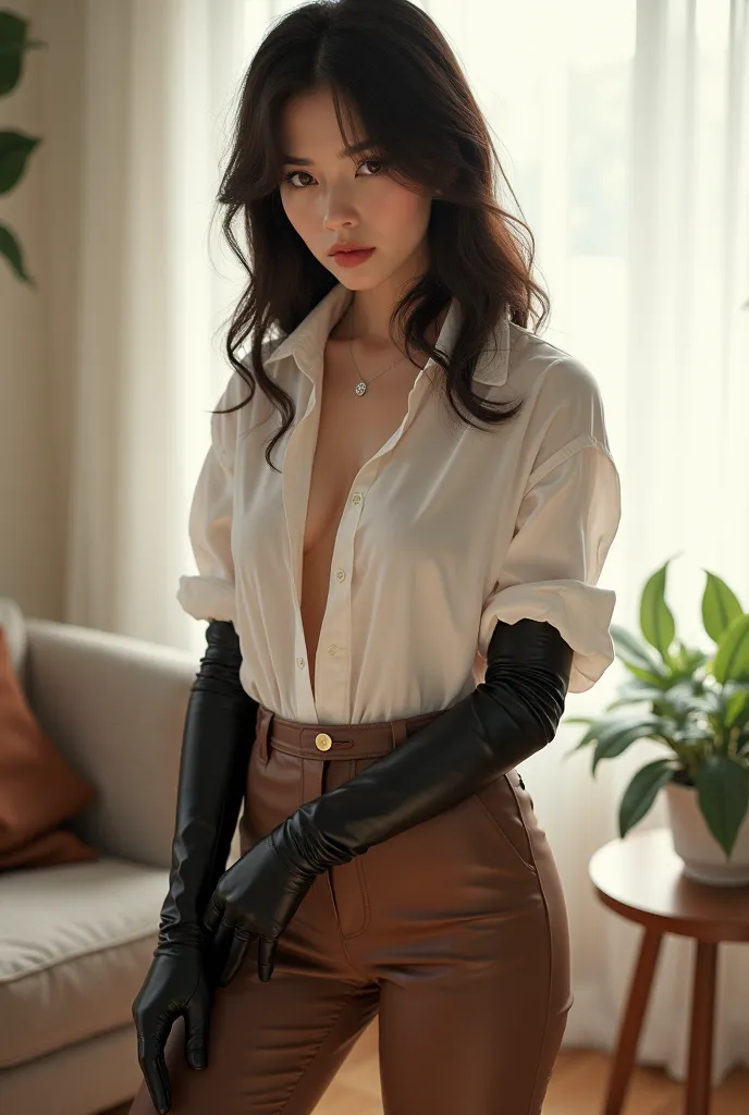 Schoolgirl wearing white blouse with breast cleavage, long black leather gloves above sleeves, brown pants and overknee black leather boots with high heels. She's standing in a bright living room