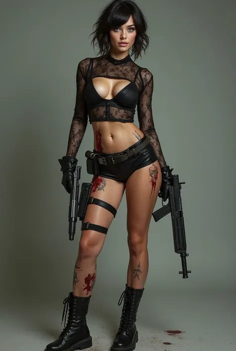 Caucasian Chica, Short, blue eyes, high, strong, big buttocks and breastes, legs and thick thighs, dressed in lace transparent shirt, and military boots, with a gun in his hand, stained with blood. with tattoos all body