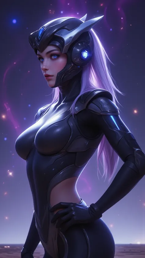 Impressive Tali'Zorah Artwork，An Independent Female Character Rendered in HD，Wearing Iconic Helmet，No Visible Face，in a Side Waist Pose Against a Fascinating Space Background Full of Stars and Auroras。