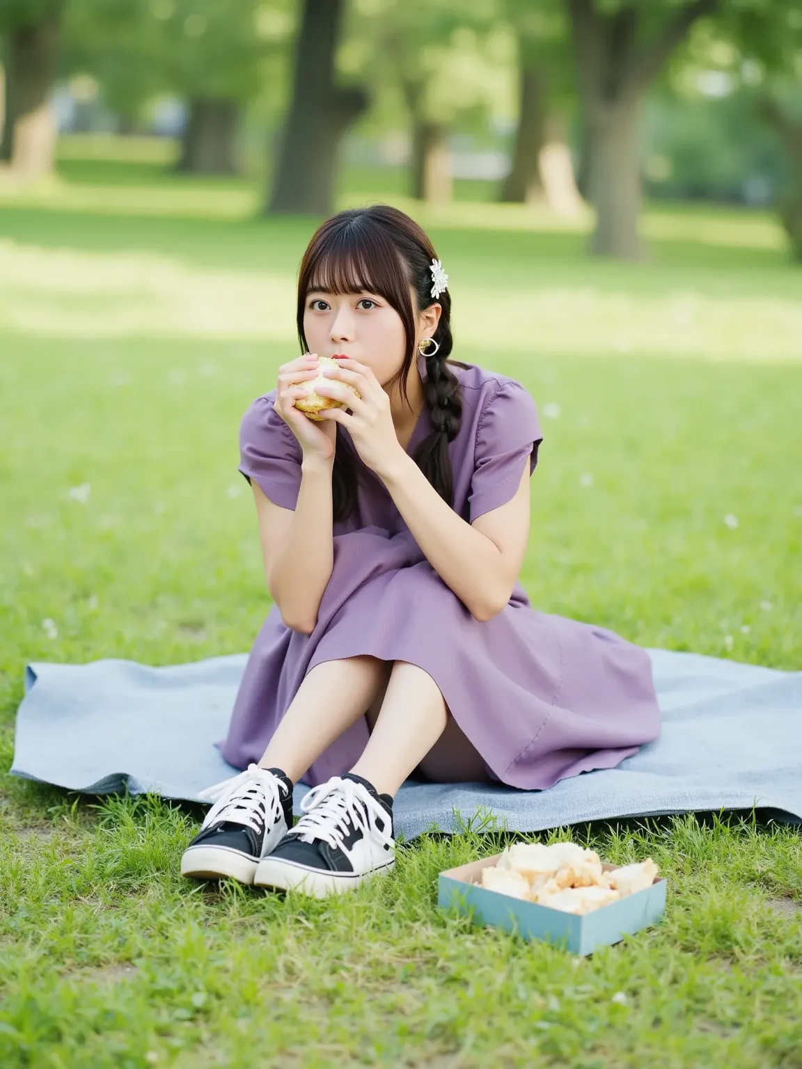 A Japanese woman is sitting on a leisure sheet spread over the grass in a park. She is sitting with her knees bent and holding a sandwich in her hands, bringing it close to her mouth. Near her, there is a bento box filled with sandwiches. The setting is a ...