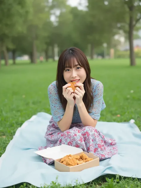 A Japanese woman is sitting on a leisure sheet spread over the grass in a park. She is sitting with her knees bent and holding a sandwich in her hands, bringing it close to her mouth. Near her, there is a bento box filled with sandwiches. The setting is a ...