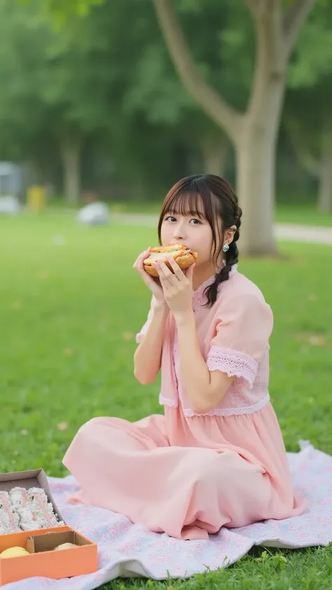 A Japanese woman is sitting on a leisure sheet spread over the grass in a park. She is sitting with her knees bent and holding a sandwich in her hands, bringing it close to her mouth. Near her, there is a bento box filled with sandwiches. The setting is a ...