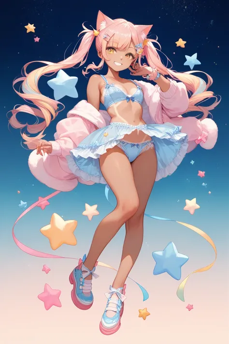 Anime Cat Girl, tanned skin, long light pink and light blue half toned hair, pigtails, ribbons, star shaped hair clips, yellow eyes, smile, big boobs, kawaii light blue lingerie, full body, pastel background