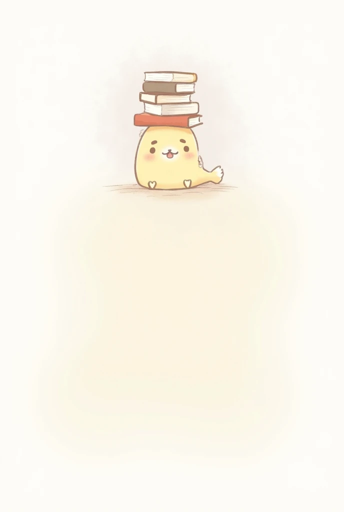 head and a , sitting happily while balancing a stack of books on its head. The books should be slightly oversized, giving a playful and adorable look. The character should have a smiling and relaxed expression. The art style should be soft, minimalistic, a...