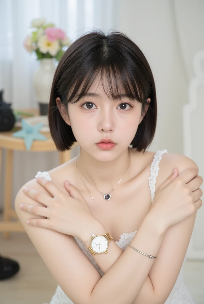 Close-up view of a young woman with short, dark hair styled with bangs that partially cover her forehead. Here's a breakdown of the image: * **The Woman:** She appears to be of East Asian descent, with fair skin and dark eyes. Her expression is somewhat se...