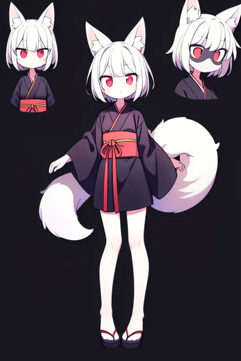 ((Best masterpiece, Perfect quality, Ultra detailed)), A fox girl with skinny body, With silver short hair, White big fox ears, Single hairy tail, Pale skin, Glowing red eyes, Wound on her cheek, Putting on a black kimono, Long length, Black cloth, Standin...