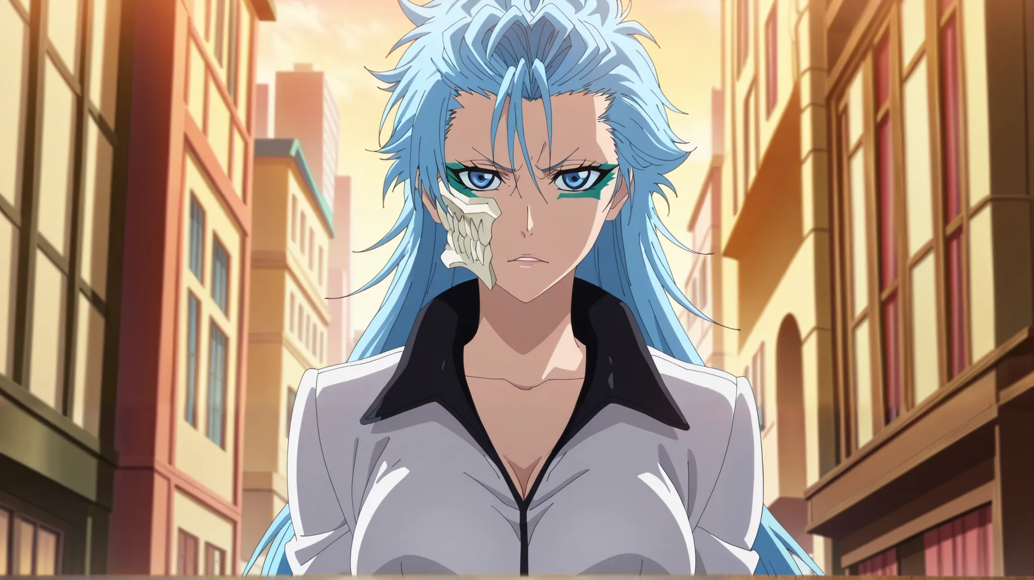 masterpiece, best quality, , anime screencap, anime coloring, official style, ((upper body)), looking at viewer, , 1girl, solo, female focus, female version grimmjow_jaegerjaquez, blue hair, blue eyes, facial mark, arrancar, mask, ((long hair)), , Harringt...