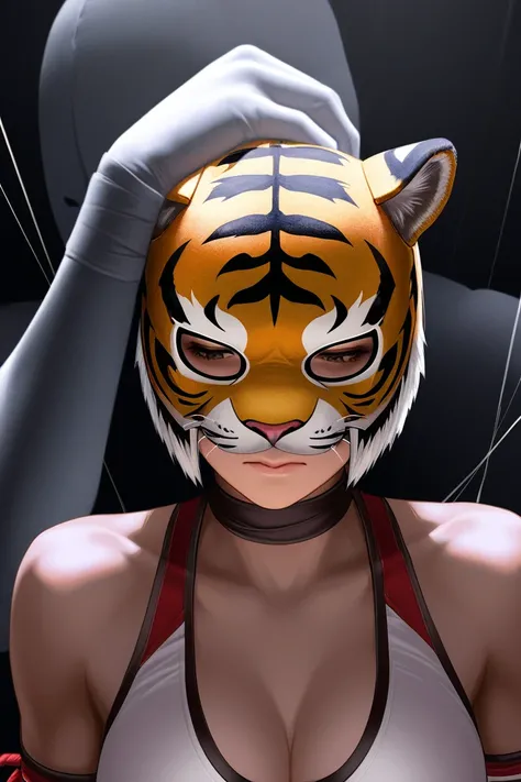 Female wrestler female tiger mask, sad,shadow man unties her mask strings, shadow man grabs her head, shadow man removes her mask to reveal her face,((Tiger Mask Resists)),dead or alive,masterpiece,unity 8k wallpaper, photorealistic, detailed face,