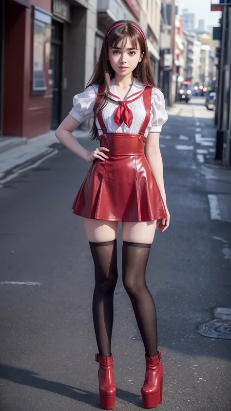 ((full body)), front view fitted figure , cute  beautiful schoolgirl, beautiful cute    face with big lips , ((girly and sweet)), (confident), (smile), ((very detailed character)), (((girl is just 14 y.o.))), ((slim and fit)), ((High Waisted red leather sk...