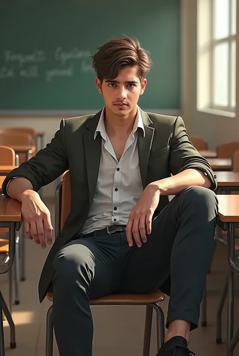 a very handsome young student, sitting in class with legs open