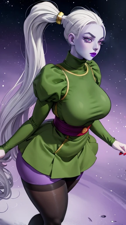 Dress_DragonBallSuper_Vados_ownwaifu, 
1girl, blue skin, white hair, hair pulled back, high ponytail, purple eyes, colored skin, alien, long hair, very long hair, lipstick, makeup, purple lips, breasts, large breasts, eyelashes,  jewelry, purple nails,
puf...