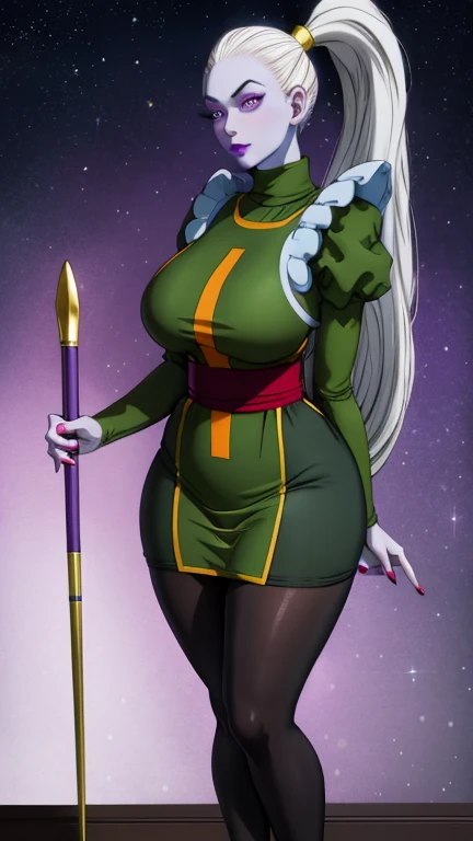 Dress_DragonBallSuper_Vados_ownwaifu, 
1girl, blue skin, white hair, hair pulled back, high ponytail, purple eyes, colored skin, alien, long hair, very long hair, lipstick, makeup, purple lips, breasts, large breasts, eyelashes,  jewelry, purple nails,
puf...