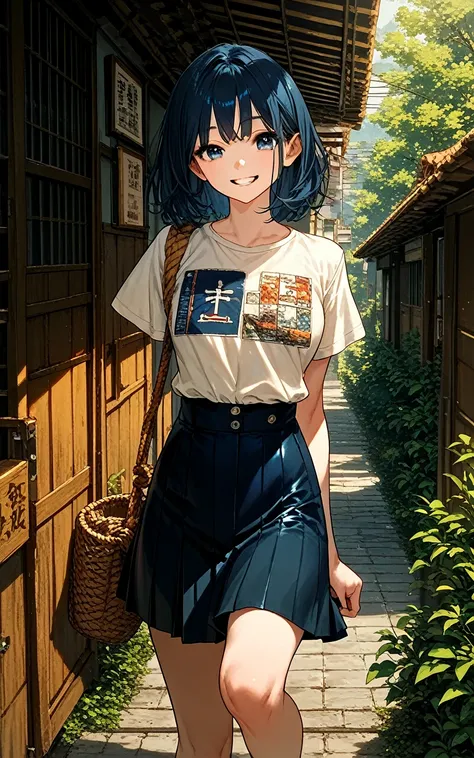 solo,one girl, cute, shortcuts, blue eyes,Short sleeve,whiteＴ shirt,black flared skirt,Japan,Around town,Date,walk, laughs, romantic