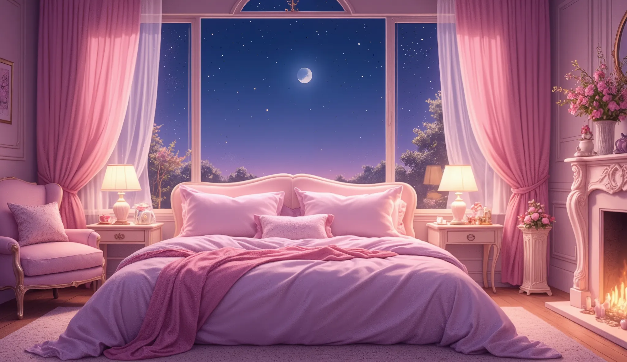 Romantic luxury bedroom，Game Light Effects，night，pink，Thick paint anime style，background， no one