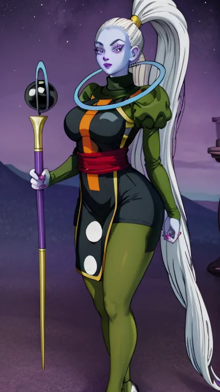 Dress_DragonBallSuper_Vados_ownwaifu, 
1girl, blue skin, white hair, hair pulled back, high ponytail, purple eyes, colored skin, alien, long hair, very long hair, lipstick, makeup, purple lips, breasts, large breasts, eyelashes,  jewelry, purple nails,
puf...