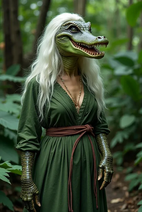 Woman — crocodile.  white hair, long, Smooth and shaggy, Falling on the face. crocodile face. Forehead full of scales. green, scaly skin. Body all green and completely full of crocodile scales. hands with claws. Open mouth full of teeth. Wearing women's 16...