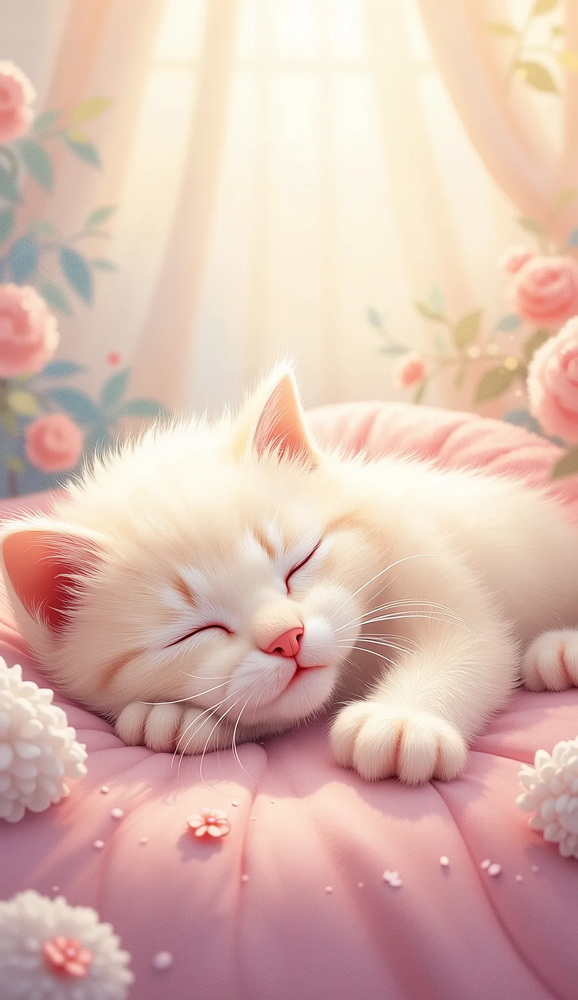 absurdres,  highres, ultra detailed, HDR, master 
, best quality, Fluffy kitten is sleeping happily, Watercolor painting, 2D picture , Brush marks,  comic style, Cute Pastel 