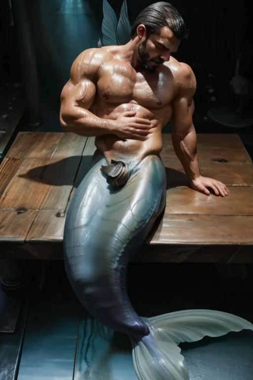 Submisive muscle men with blue mermaid tail sleeping on wood table. Merman is wet and oiled ,  cracked and greasy. It is very much oiled and wet. black hair, black beard.