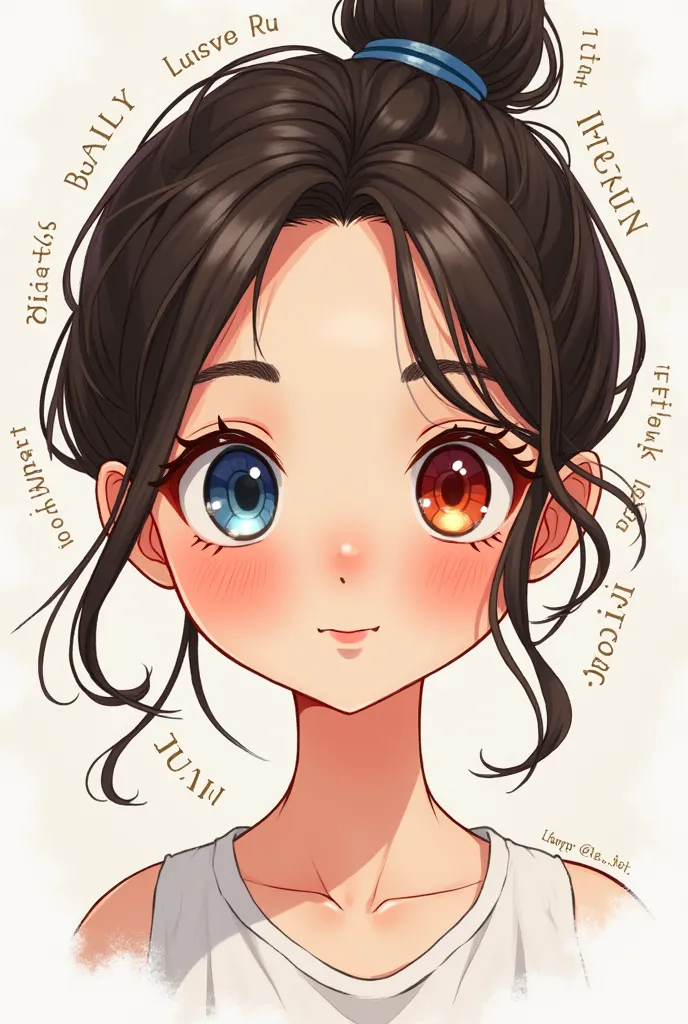 A cartoon of a beautiful girl with two eyes of easy color, red, white, blue on the left, beautiful, with words.