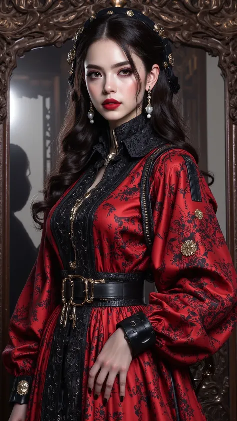 Decadent Elegant Ladies Wearing Unique Forward Clothing， exquisite detail ，Pearl Earrings，lace，絲綢長袍，Flowing Robe，High Collar， deep eyes， Dark Hair，Red Lipstick，Large Dressing Room，Mechanical Decoration，Zipper ，Zipper 