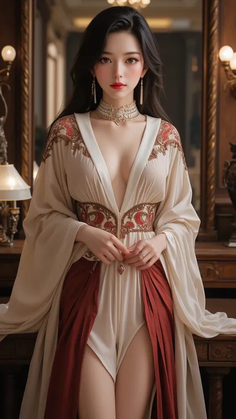 Decadent Elegant Ladies Wearing Unique Forward Clothing， exquisite detail ，Pearl Earrings，lace，絲綢長袍，Flowing Robe，High Collar， deep eyes， Dark Hair，Red Lipstick，Large Dressing Room，Mechanical Decoration，Zipper ，Zipper 