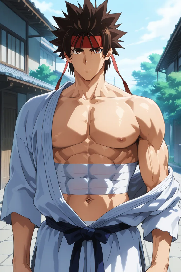 score_9,score_8_up,score_7_up,source_anime,1boy, solo,looking at viewer, Sagara Sanosuke,brown hair, brown eyes,headband,spiked hair, dougi,sarashi.Upper body naked, outdoors, japanese, street,score_9, score_8_up, score_7_up, rating_explicit,muscular male,...