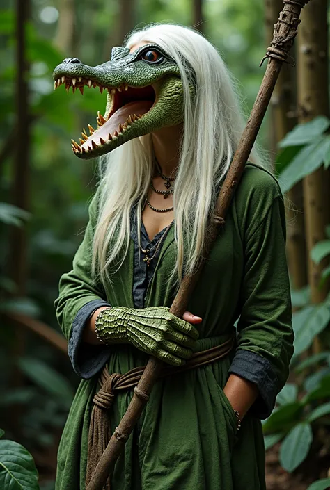 Woman — crocodile.  white hair, long, Smooth and shaggy, Falling on the face. crocodile face. Forehead full of scales. green, scaly skin. Body all green and completely full of crocodile scales. Hands with huge claws, leaning on a rustic staff, de madeira. ...