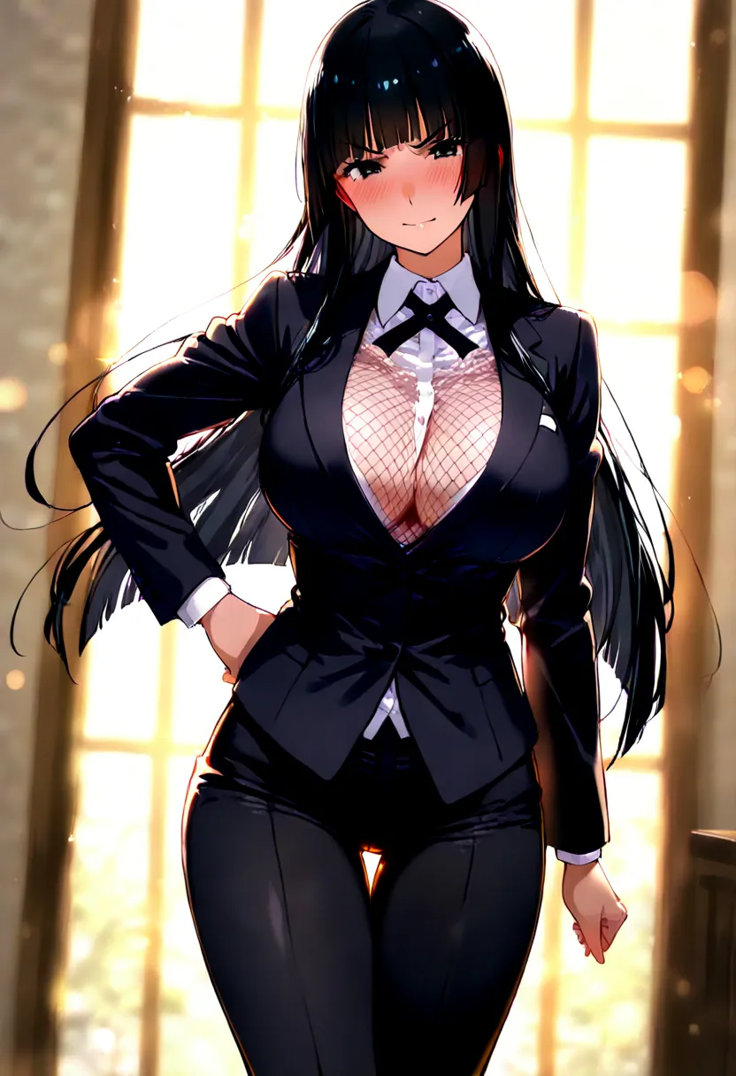 1girl,black hair,black eyes,shirt,suit,black pants,yumeko jabami, black hair, long hair, hime cut, smile, medium boobs, blush, thigh gap, pantyhose, backlighting, fishnet pantyhose, (Angry)