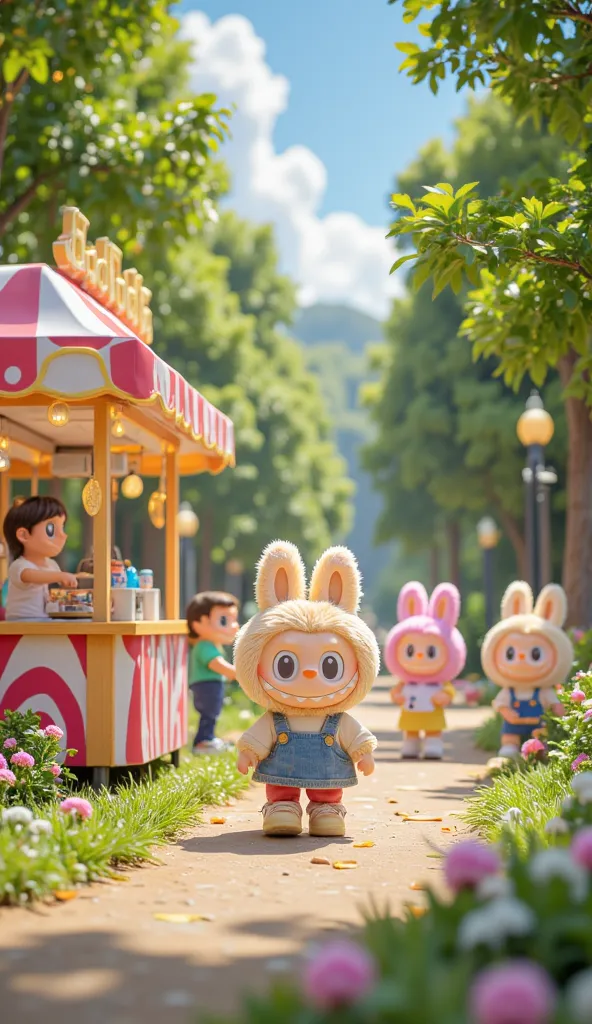 A cheerful park scene in the afternoon, featuring Labubu, a small furry creature with big eyes, and three friends. They walk happily, laughing, surrounded by trees and flowers. A colorful ice cream stand with various flavors is visible. The atmosphere is j...