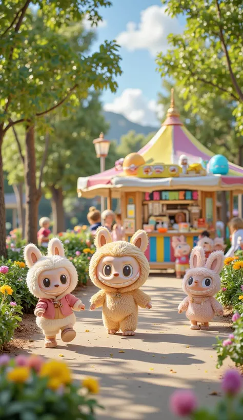 A cheerful park scene in the afternoon, featuring Labubu, a small furry creature with big eyes, and three friends. They walk happily, laughing, surrounded by trees and flowers. A colorful ice cream stand with various flavors is visible. The atmosphere is j...