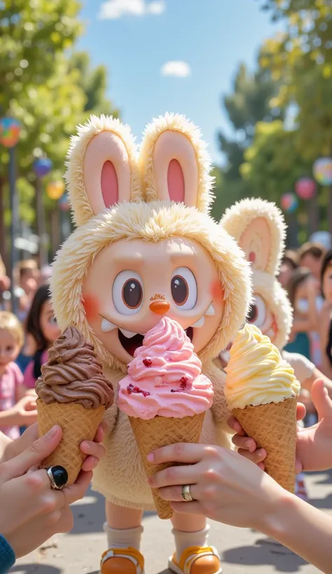 Labubu and friends excitedly holding different flavors of ice cream: chocolate, strawberry, vanilla. They are smiling, eyes sparkling, and taking big bites. The ice cream is melting slightly under the sun, creating a playful and fun atmosphere. The backgro...