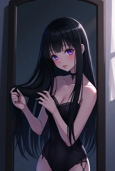  looks very young Japanese woman ， has purple eyes looking in the mirror  ,  I am the mirror herself ， has bangs
She wears black clothes or nude in gothic style
anime style
She has super long black hair Japanese,　Full body photography,  pretty sexy lady ha...