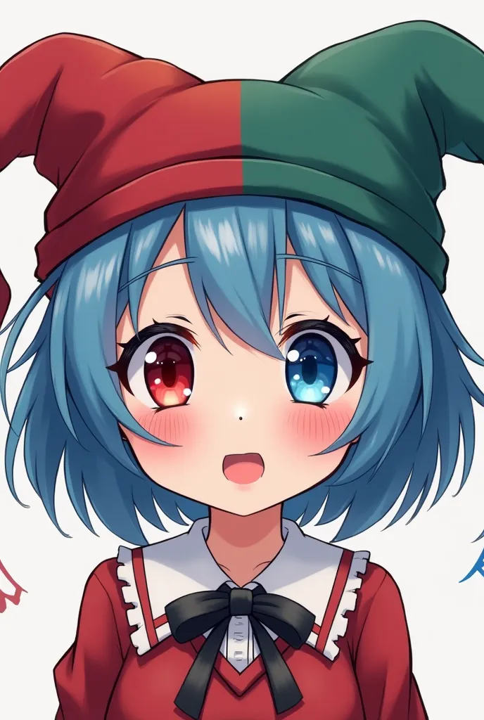 A cartoon of a beautiful girl with two eyes, red and blue, perfectly divided left, right, with a beautiful and striking little flash, wearing a hexen hat, a clown whose hat is divided into two colors and smiles happily, resembling the character miku.