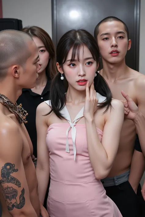 NSFW, dynamic,
realistic, Press photo, Documentary Technique, Very clear image,HDR,
(full body visible:1.5), 

1girl, 3guy,

A Korean beauty idol is captured by a korean gang and surrounded by men who look like they're ruthless,
The girls are smaller than ...