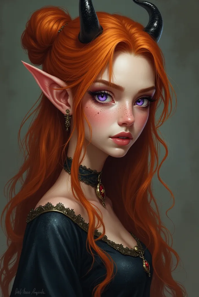 She is a young adult tiefling. She have very long ginger hair in a semi bun with one little braid each side. Her eyes are violet with a yellow aureola in the center. She have a scar scross her nose, and freckles in her nose, cheeks and shoulders. She also ...