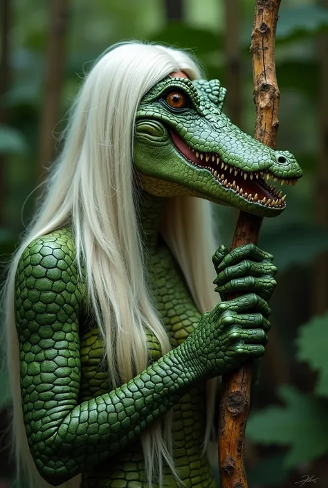 Woman — crocodile.  white hair, long, Smooth and shaggy, falling on the face. crocodile face. Forehead full of scales. green, scaly skin. Body all green and completely full of crocodile scales. Hands with huge claws, leaning on a rustic staff, de madeira. ...