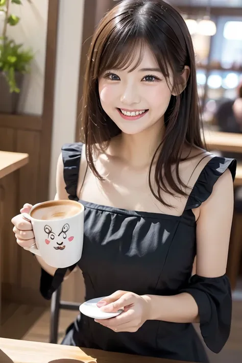 ((Ride on the coffee cup)),Frontal Angle、black dress、The big frill on the chest is cute、 looking at camera、 pretty girl、 is laughing、Ride the exciting、Wave、The picture drawn from the whole