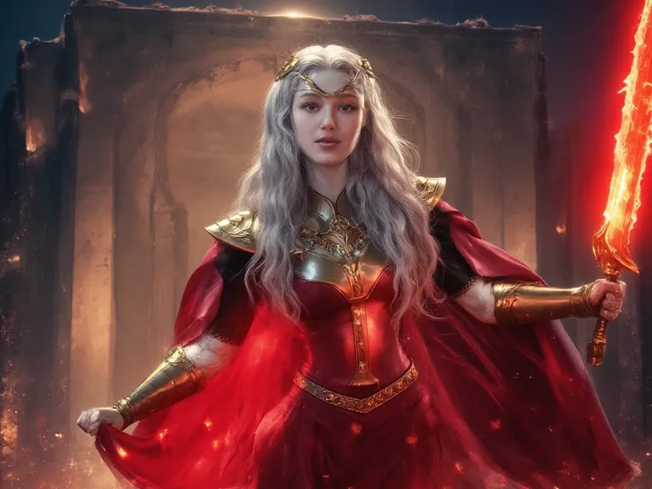 photo realistic,8k quality,a woman,slim body,wearing red cape, forged by light, white skin, blue eyes, in the light, silver hair, long hair, golden armor, runes of light,huge glowing red sword on right hand, burning ancient building in the background 