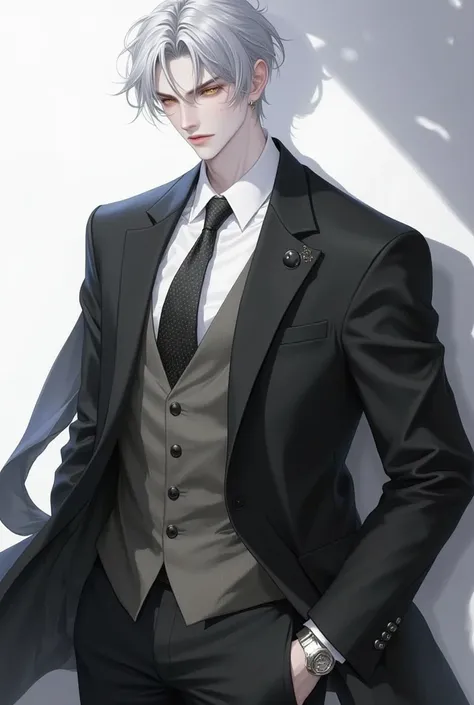  young man,Shirogane short hair,Golden Eyes, is elegant, three-piece suit 