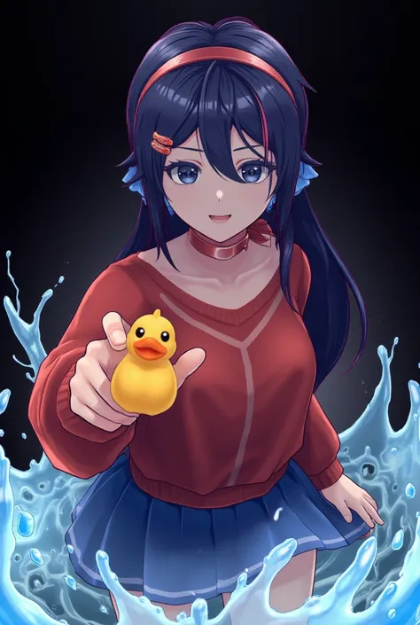 dark blue eyes, dark blue hair, choker, red sweater, blue skirt, hair ornament, looking at viewer, ((Mita with evil smile and vampiric teeth, pointing bath duckie toy in the camera, splash art, epic pose, realistic water plasm explosion with dark black sha...