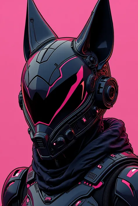 Comic: bounty hunter space helmet with black/pink jackal aesthetic 