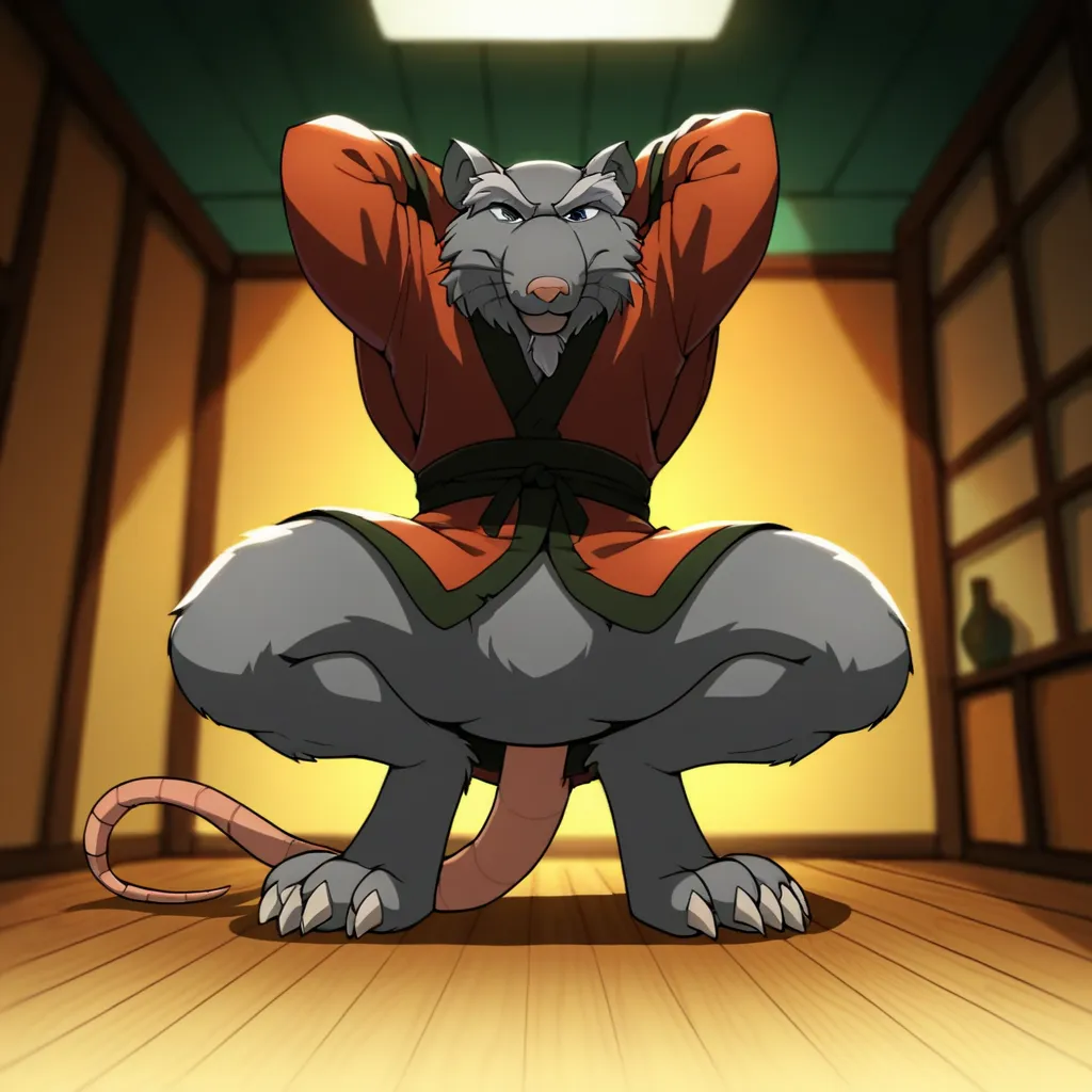 score_9, score_8_up, score_7_up, score_5_up, source_furry, Splinter03, anthro, male, rat, grey fur, rat tail, bottomless, solo, inside, full body, open kimono, squatting, spread legs, knees bent, hands behind head, low-angle view, front view, featureless c...