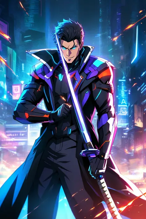 "A highly detailed anime-style male warrior standing in a cyberpunk battlefield. He has sharp, glowing blue eyes and messy black hair, partially covering his forehead. His outfit is a mix of futuristic armor and a stylish long coat with neon blue and purpl...