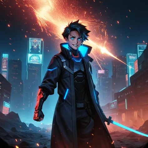 "A highly detailed anime-style male warrior standing in a cyberpunk battlefield. He has sharp, glowing blue eyes and messy black hair, partially covering his forehead. His outfit is a mix of futuristic armor and a stylish long coat with neon blue and purpl...