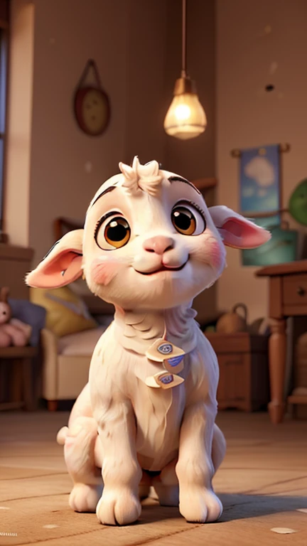 "An adorable baby lamb stylized in 3D, with big, shiny eyes that reflect tenderness and sympathy.  Her cheeks are lightly flushed , and his wool is fluffy, soft and voluminous. His ears are pink inside, and he has a friendly and charming expression.  The b...